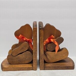 Vintage Wooden Teddy Bear Bookends Jointed Paws Cottagecore Nursery Rustic Decor